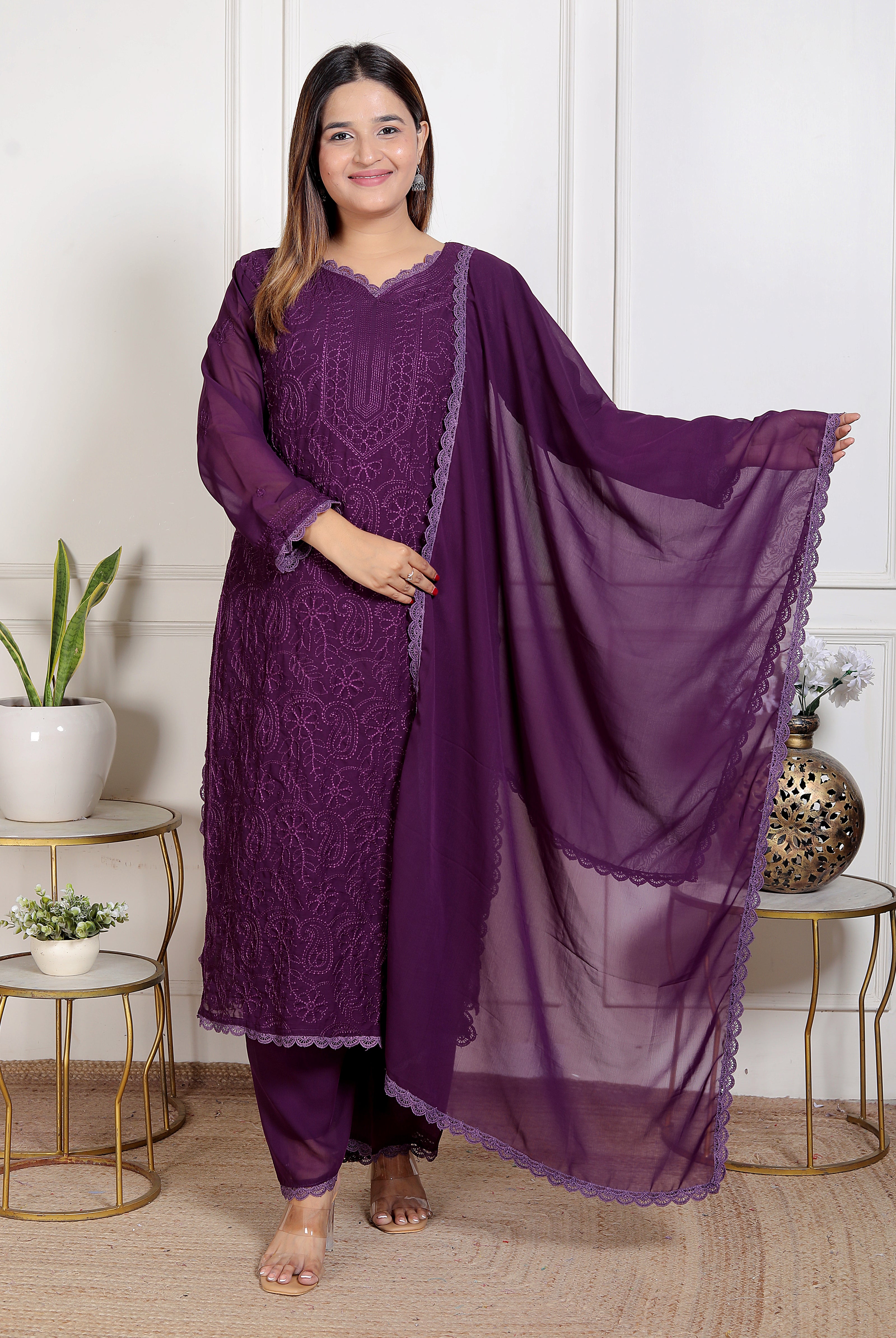 Khamrah: Purple Rich Georgette Chikankari Suit