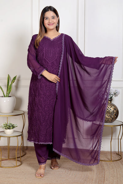 Khamrah: Purple Rich Georgette Chikankari Suit