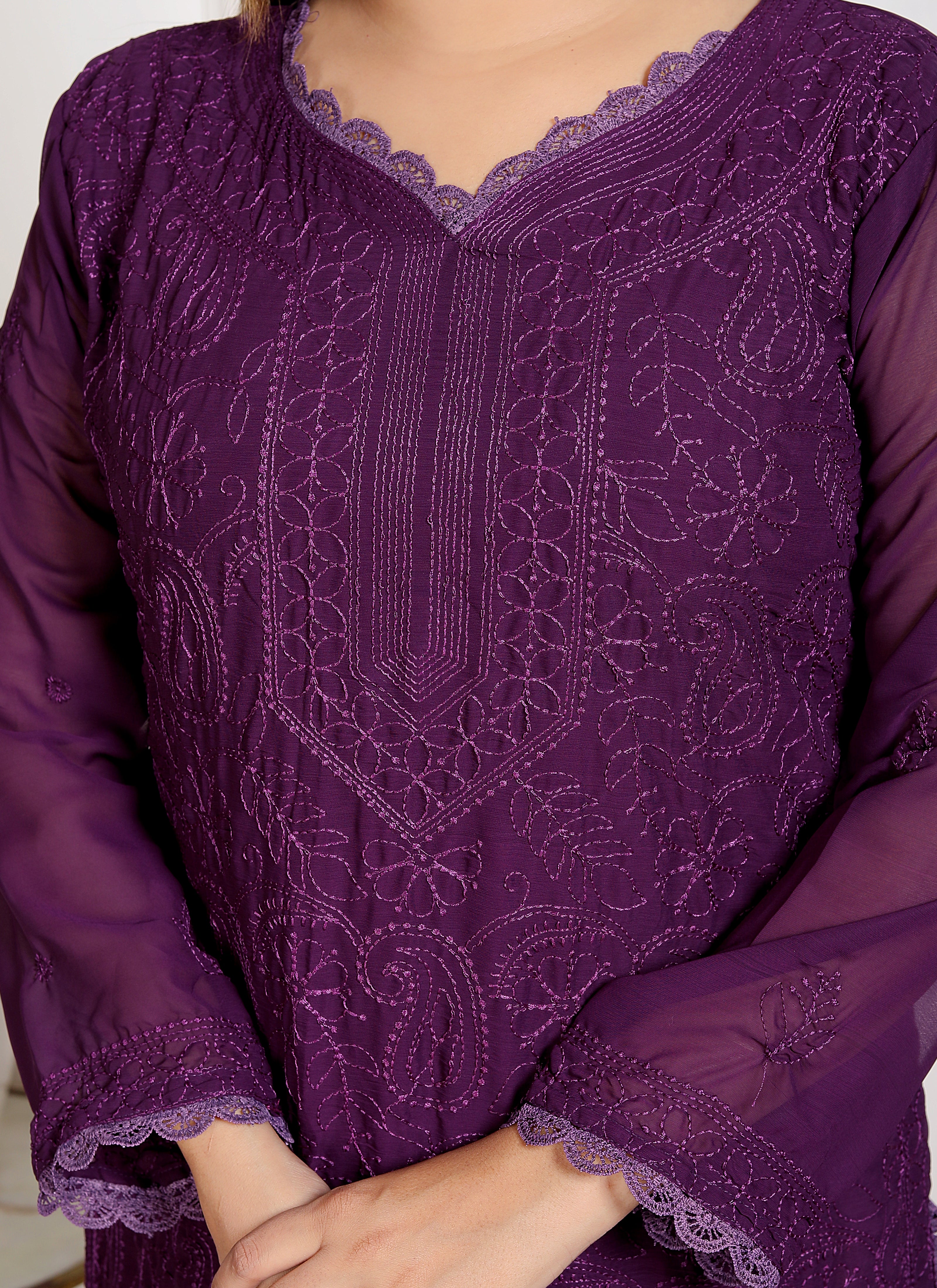 Khamrah: Purple Rich Georgette Chikankari Suit