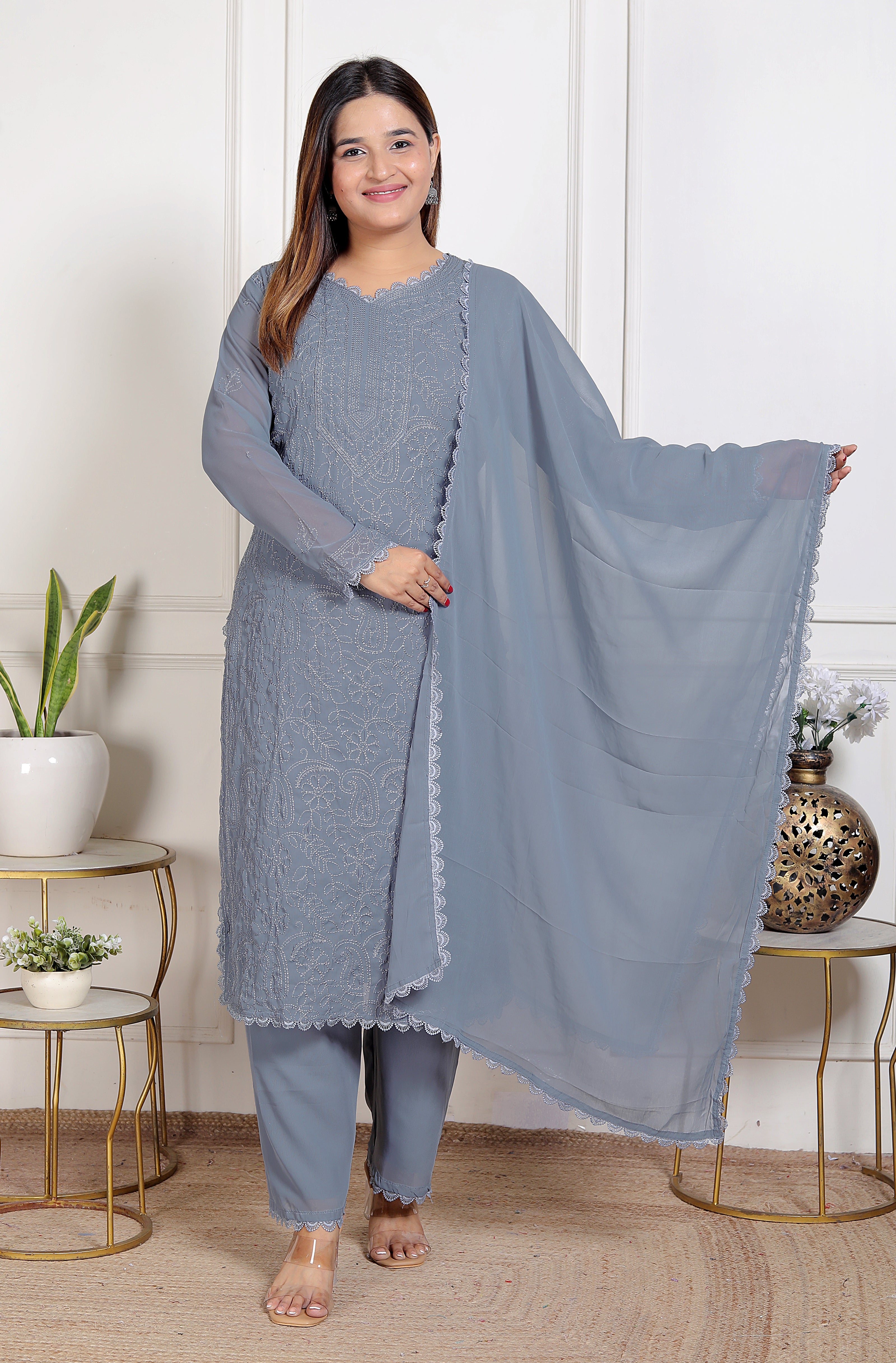 Khamrah: Grey Rich Georgette Chikankari Suit