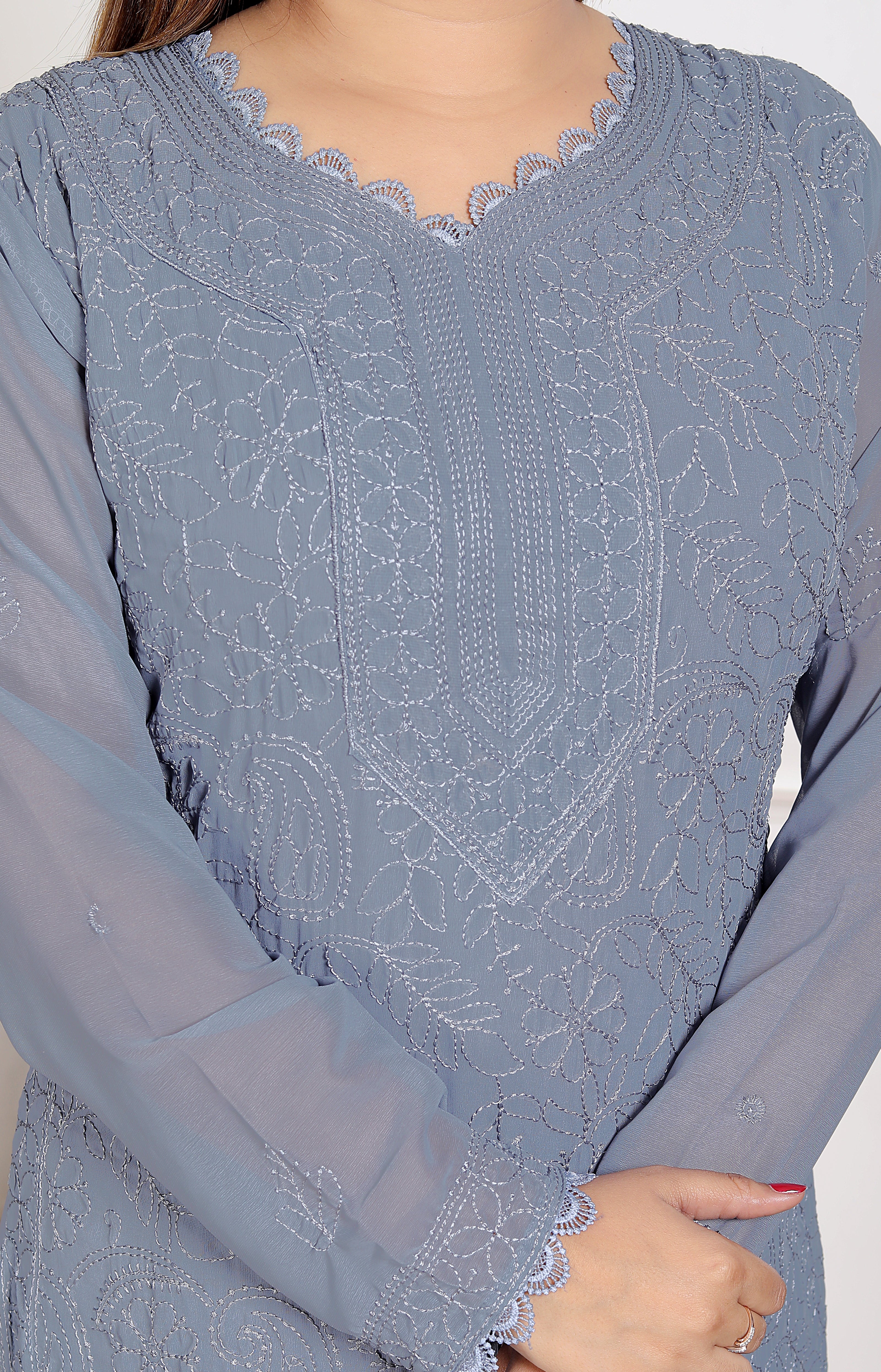 Khamrah: Grey Rich Georgette Chikankari Suit