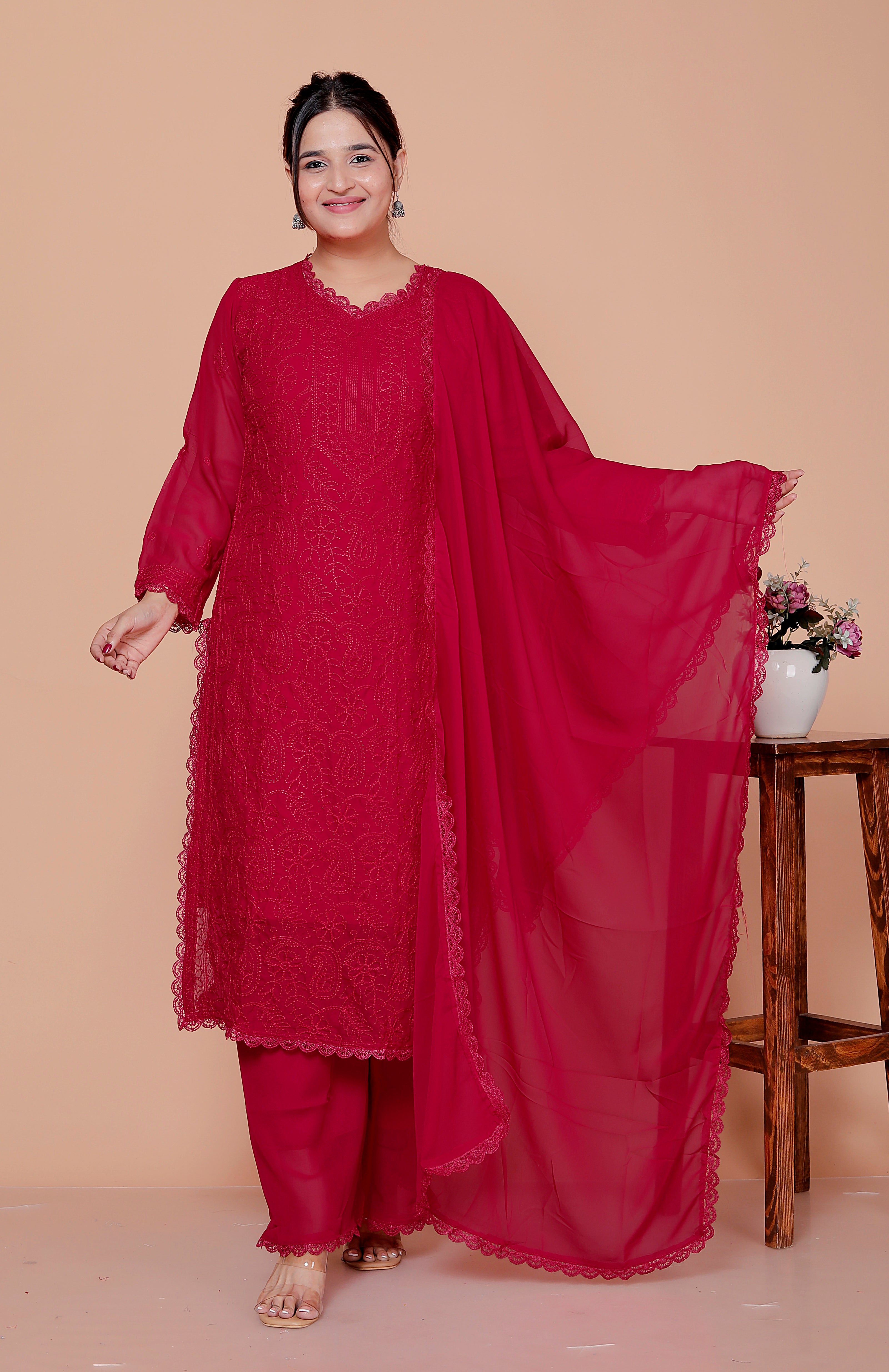 Khamrah: Red Rich Georgette Chikankari Suit