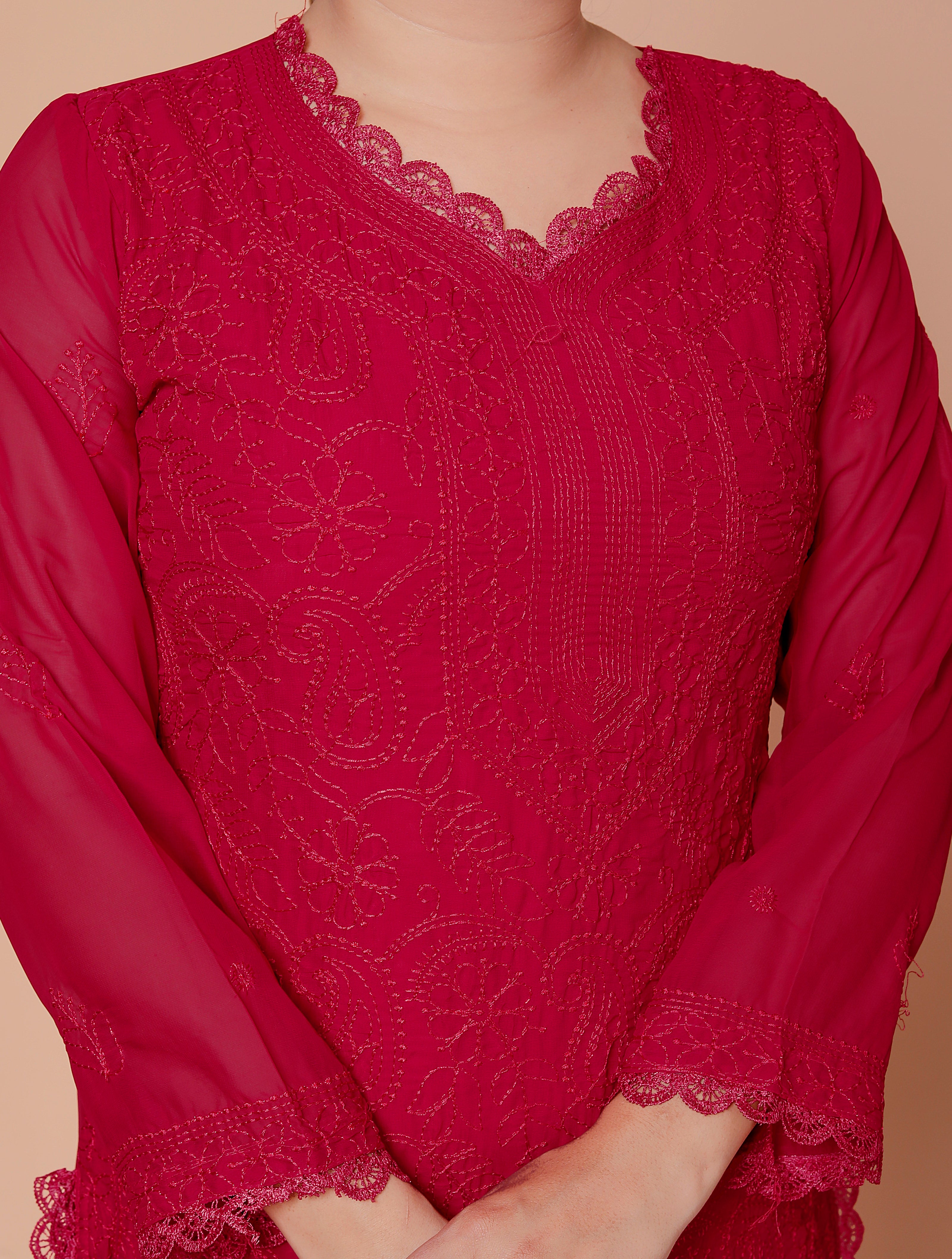 Khamrah: Red Rich Georgette Chikankari Suit