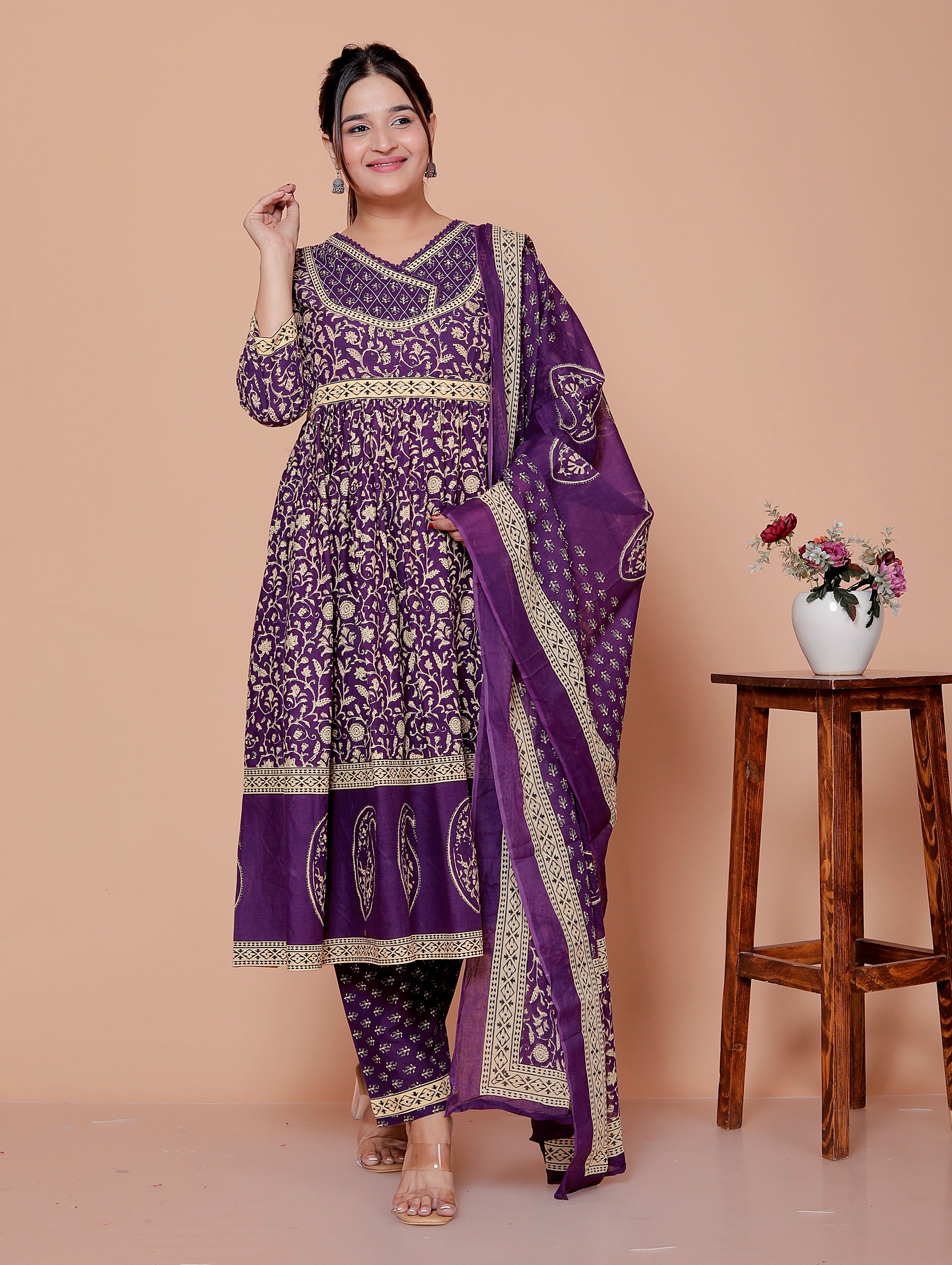 Zareen: Deep Purple Royal Cotton Angrakha Style Anarkali Suit