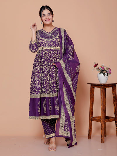 Zareen: Deep Purple Royal Cotton Angrakha Style Anarkali Suit