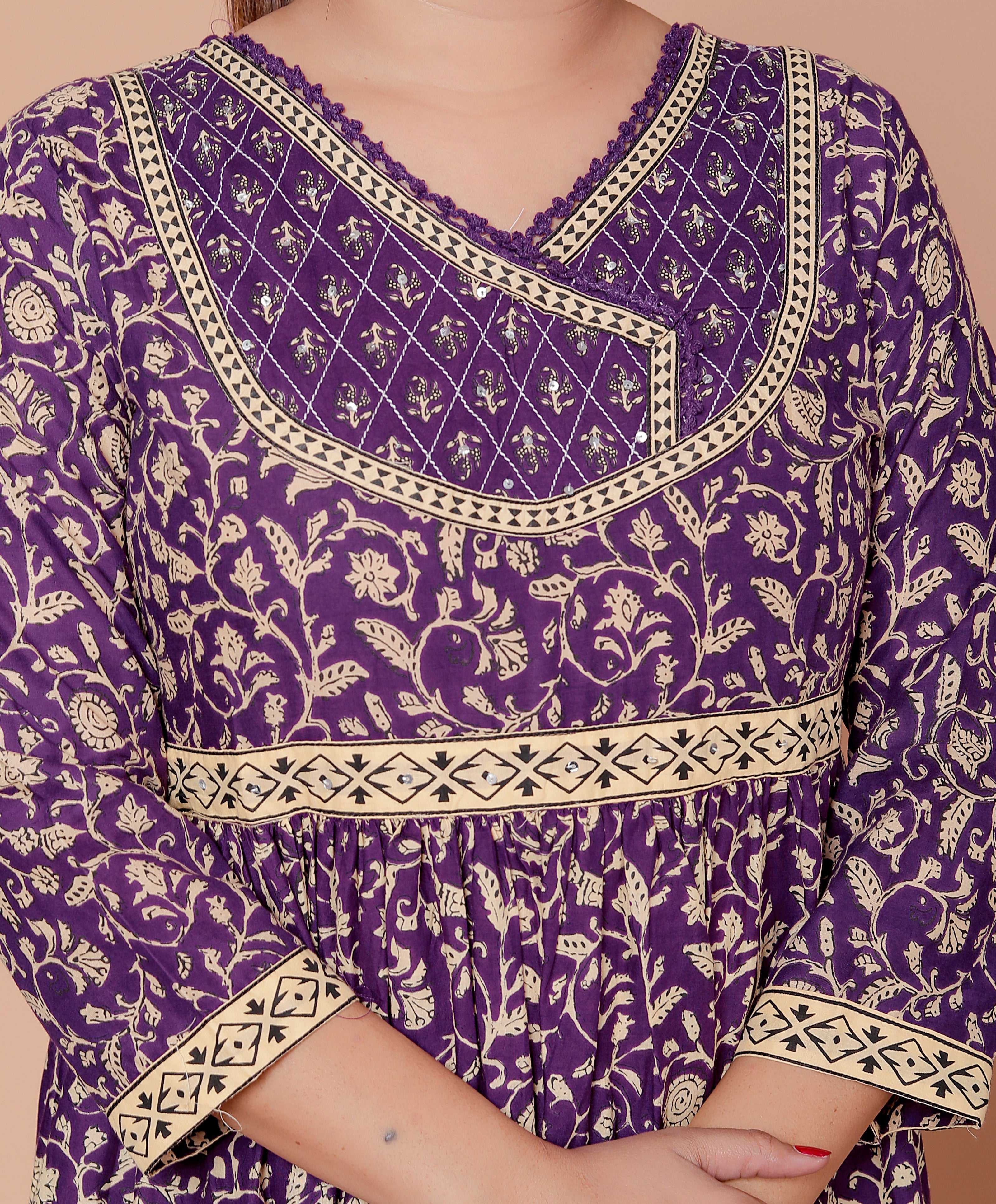 Zareen: Deep Purple Royal Cotton Angrakha Style Anarkali Suit