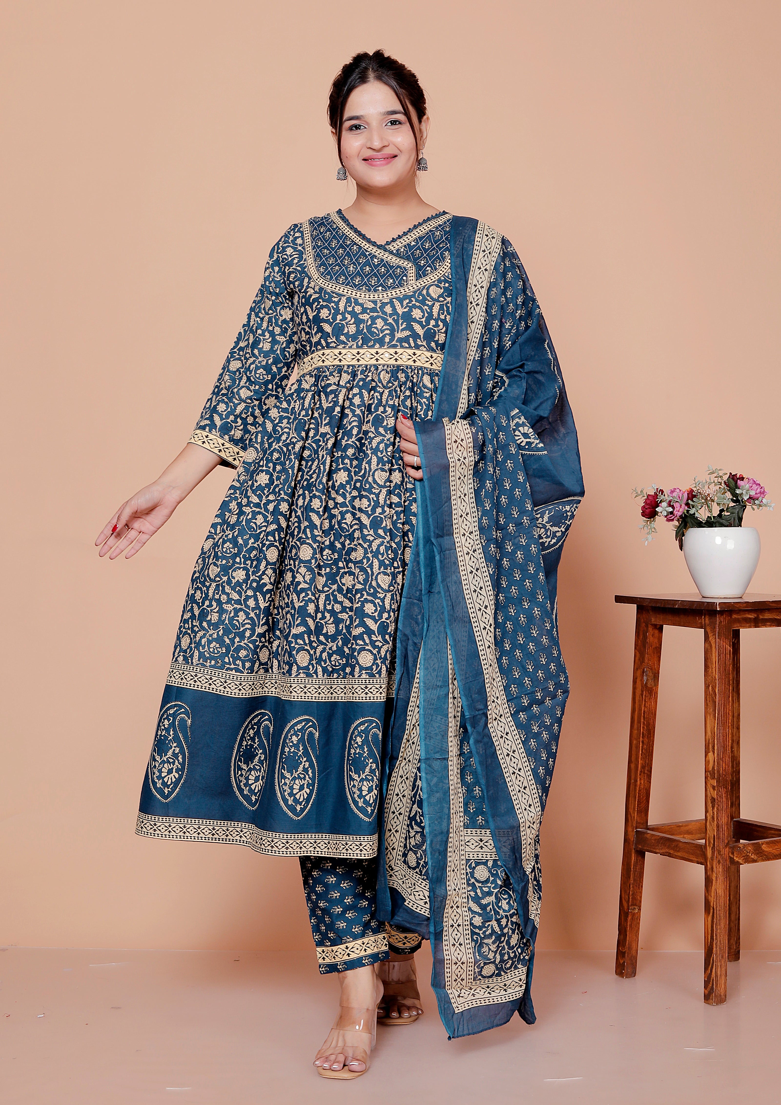 Zareen: Peacock Blue Royal Cotton Angrakha Style Anarkali Suit