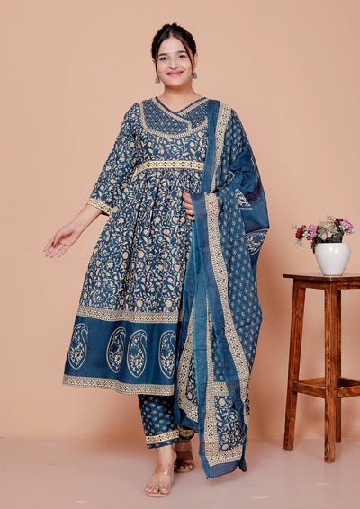 Zareen: Peacock Blue Royal Cotton Angrakha Style Anarkali Suit