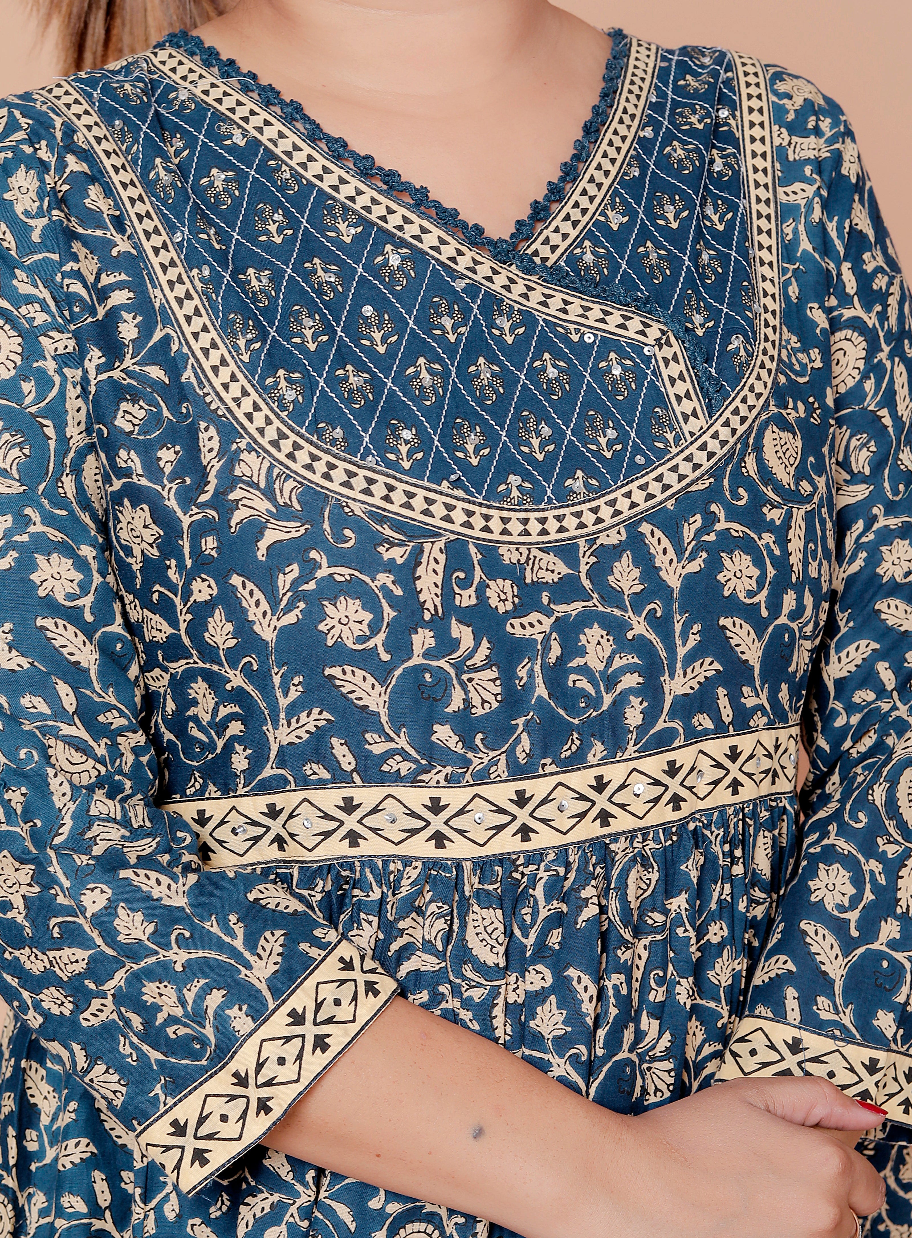 Zareen: Peacock Blue Royal Cotton Angrakha Style Anarkali Suit